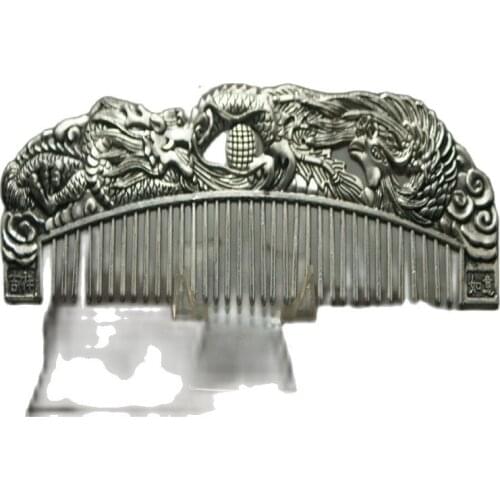 Chinese old Miao silver Carving Dragon Phoenix comb
