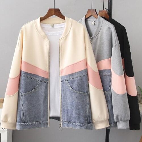 Fashion Oversized Jeans Coat Women Patchwork Zippers Casual Contrast Color Loose Denim Jacket Loose Long Sleeve Bomber Outwear