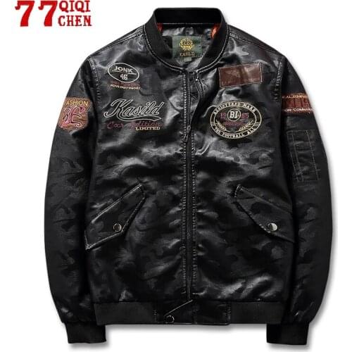 Spring Leather MA1 Jacket Men Camouflage Casual Faux Leather Coats Male Antumn Motorcycle Badge PU Jackets Big Size 4xl