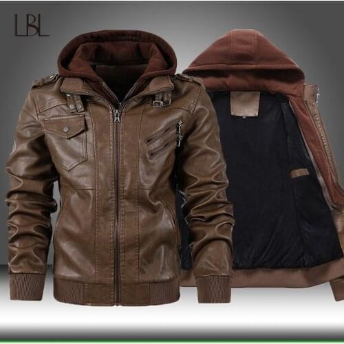 Men Fleece PU Leather Jackets Mens Coats Hood Autumn Winter Casual Motorcycle Jacket Male Warm Liner Windbreaker Biker Overcoat
