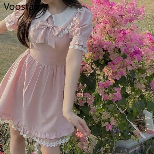 Summer Sweet Lolita Style Dress Women Cute Peter Pan Collar Lace Bow Puff Sleeve Party Mini Dress Female Elegant Princess Dress