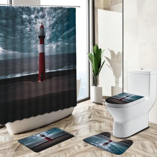 Lighthouse Ocean Scenery Shower Curtain Sea Night Scene Nature Photography Bathroom Non-Slip Carpet Toilet Cover Floor Mat Set