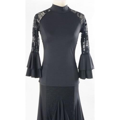 2017 New black Ballroom Modern Latin dance tops practice small high collar lace trumpet sleeves shirt top Free shipping