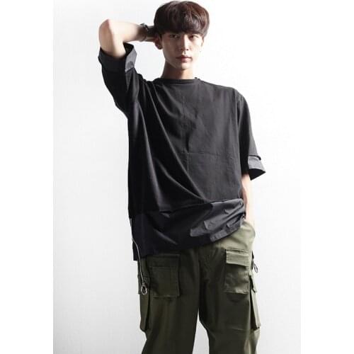 Original design summer new mens medium and long splicing T-shirt loose version trend t dark Japanese