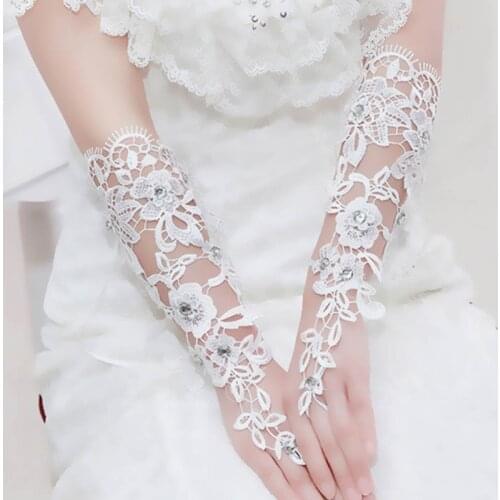 Ivory Lace Beads Sequins Women Wedding Gloves for Bride Cheap Fingerless Bridal Gloves Luvas de Noiva Accessoire Mariage SL