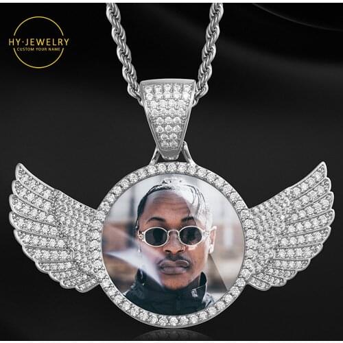 Personalised Custom Made Photo/ Crystal Angel Wings Pendants Necklaces 3Colors Gold Cubic Zircon Mens Hip Hop Jewelry With Box