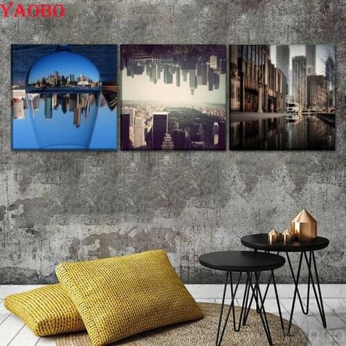 Full Square Diamond Painting 5D Diamond embroidery 3Pcs Abstract Art City Landscape Building reflex Diamond Mosaic Cross Stitch