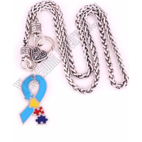 Drop shipping Autism Hope Jewelry Ribbon puzzle Piece Pendant with Wheat link Chain necklace Autism Awareness Jewelry