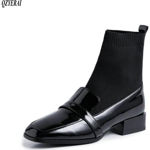QZYERAI 2020 New style Genuine leather Womens boots Knitting wool Autumn and winter socks Female boots cowhide Womens shoes