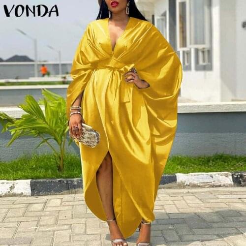 Sexy Evening Party Dress Women Deep V Neck Irregular Long Dress 2021 VONDA Spring Long Sleeve Vestidos Satin Robe