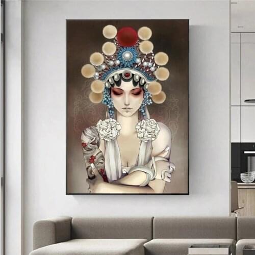 Modern China Peking Opera Tattoo Model Girl Canvas Prints Wall Art Picture on Poster Painting Decor for Living Room Cuadros