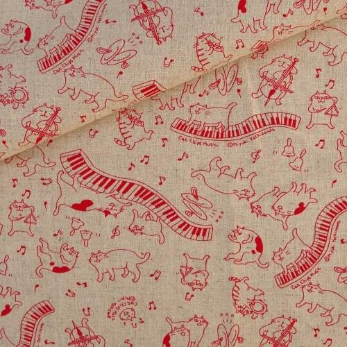 Cotton Linen Fabric for handmad, bed, bag, curtain Sewing - Cat Musicians - Red (LF074)