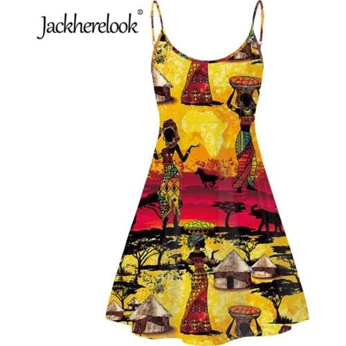 Jackherelook Vintage African Girls Pattern Women Summer Spaghetti Strap Sleeveless Polynesian Trabal Dress Ladies Party Dresses