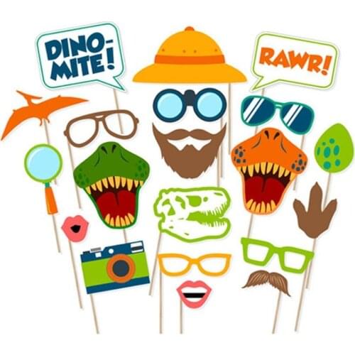 20PCS Dinosaur Funny Mustache Photo Booth Props Party Supplies Dino-Mite Hat Lip Photo Props Wedding Birthday Party Decoration