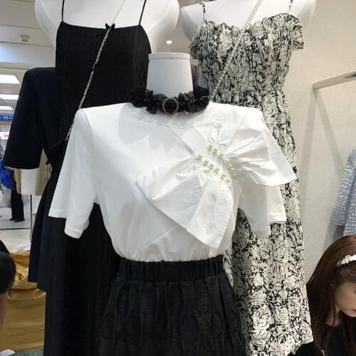 Temperament Wild White Top Summer 2021new Design Sense Bow round Neck Short Sleeve T-shirt for Women