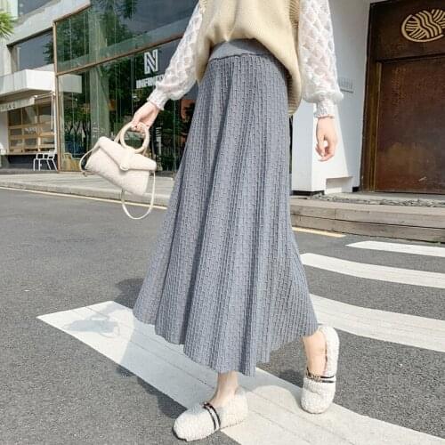2020 Autumn & Winter New Arrivals High Waist Thin Stretch Simple Sweet Versatile Women A-line Knitted Long Skirt Free Shipping