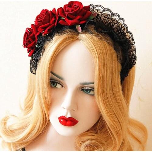 Gothic vintage red rose black lace headbands women sweet wide hair hoop lolita girls hair jewelry wedding party headwear tiaras