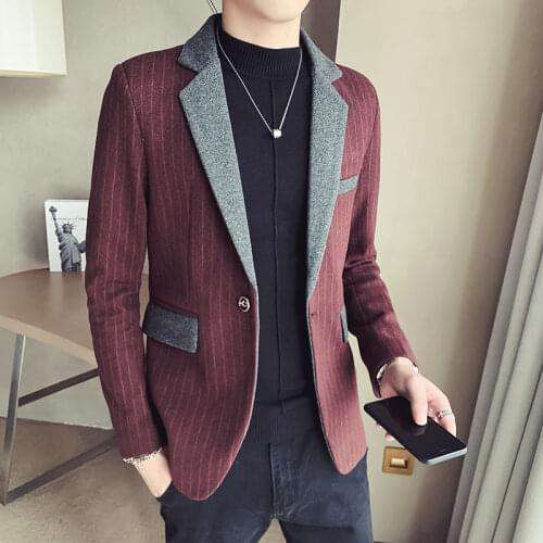 2020 Autumn New Korean Style Solid Color Slim Business Striped Splicing Blazer Jacket Woolen Blazer Suit Hombre Terno Masculino