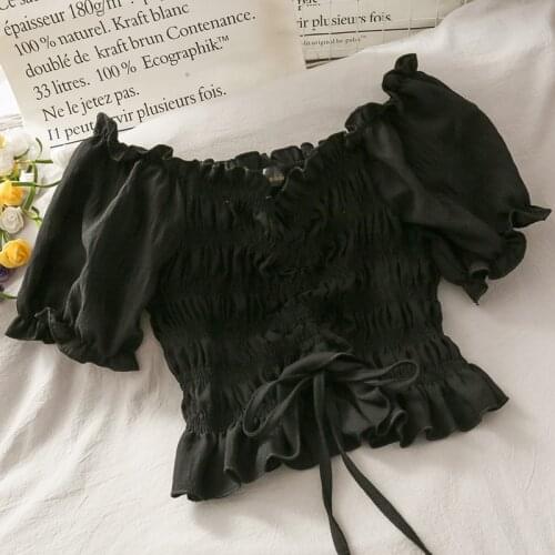 Vintage Tops Ruched shirt Women Bodycon Drawstring Sexy Female Top Casual Blouse Solid Color Tops