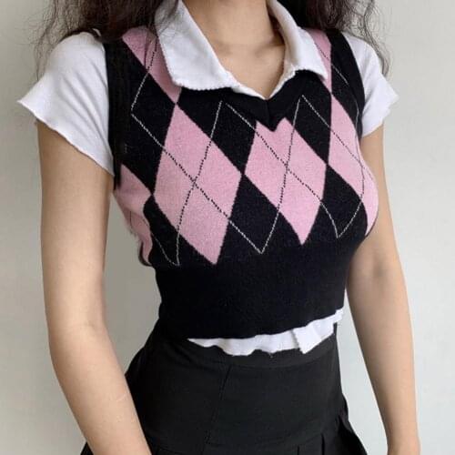 Skin-friendly Vest Rhombus Plaid Pattern Sleeveless Pullover for Gathering