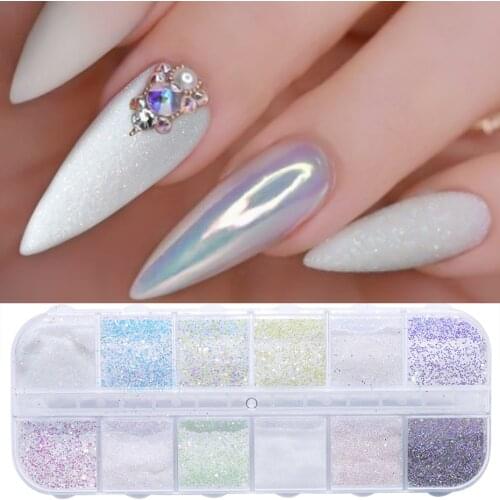 12 Grid Sugar Nail Glitter Flakes White Pigment Dust Powder Winter Dipping Holographic Aluminum Foil Sequins Manicure Decor SATY