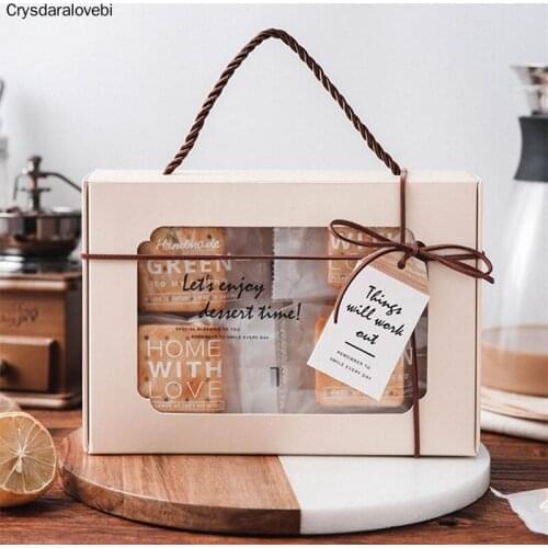 5pcs 22x15x5cm Enjoy Handle Paper Box With Window Biscuit Baking Caramel Cookies Packaging Wedding Birthday Party Gift