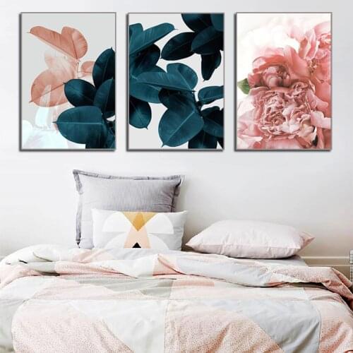 Nordic Abstract Canvas Painting Poster Pink Green Flower Leaf Prints Wall Art Pictures for Living Room Bedroom Decoration