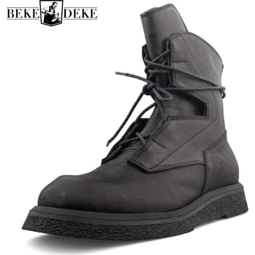 Vintage Autumn Winter New Warm Thick Bottom Mid Calf Boots Fashion Lace Round Toe Male Casual Cowhide High Top Platform Boots