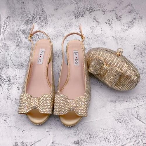 BS1363 Custom Made Dress Sandal Women Shoes Bridal Wedding Champagne Gold Crystal Shoes With Matching Bag Set