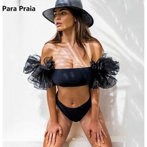 Para Praia High Waist Bikini Set Bandeau Bathing Suit Mesh Ruffled Sleeve Swimwear Women 2020 Sexy Summer Swimsuit Female Bikini