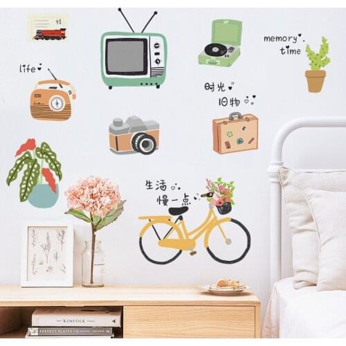 Cartoon Wall Stickers Dormitory Living Room Bedroom Decoration Bicycle Phonographs Retro Wallpaper Furntiure Decal