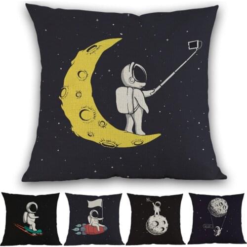 Cartoon Funny Astronaut Spaceship Spaceman Moon Space Selfie Pillow Case Home Sofa Kids Children Room Decoration Cushion Cover