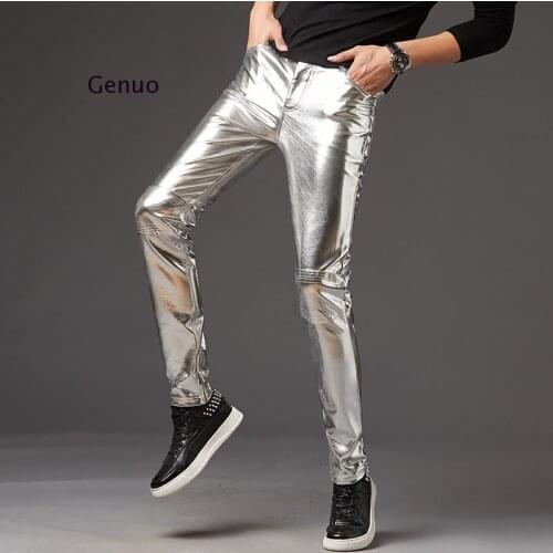 2020 Men Skinny Faux Leather Leisure Pants Black Gold Silver Pu Shiny Pants Singers Club Performance On Stage Dancer Clothes