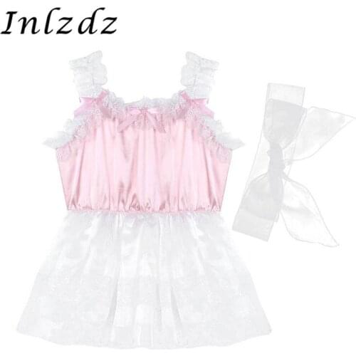 Mens Sissy Crossdresser Dress Elastic Frilly Ruffled Sexy Costume Lace Satin Tulle Dress with Waist Belt Exotic Sexy Sissy Suit