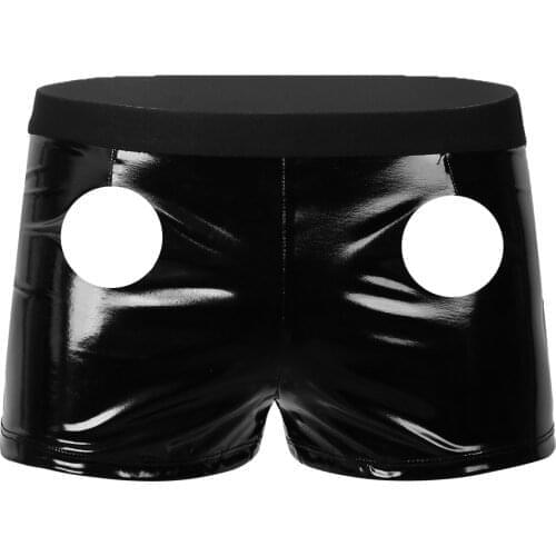 Mens Lingerie Sexy Leather Underwear Low Rise Front Two Holes Slim Fit Sexy Tight Underwear Wet Look Patent Leather Boxer Shorts