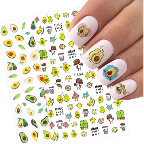 1pcs Avocado Nails Sticker Decals Nail Art Decorations Cute Cartoon Fruit Summer Design 3D Foils All For Manicure Sliders BEF604