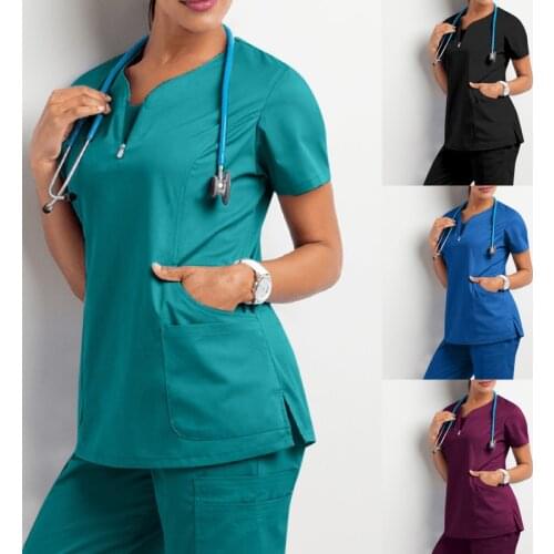 New Stretch V-Neck Scrub Top for Women Solid Short Sleeve T-Shirt Beauty Salon Nurse Uniform with Pocket Care Workers Blouse