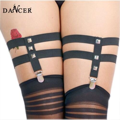 Punk Square Rivet Leg Garter Belt Metal Elastic Prom Dresses Harness Stockings Suspender Belt Black Body Bondage p0016