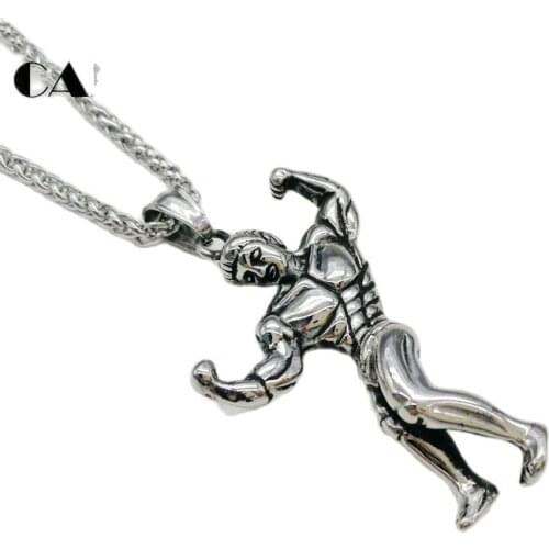 New arrival Gold color Stainless steel Muscle man pendant necklace mens gym body building fashion necklace sports CARA0486