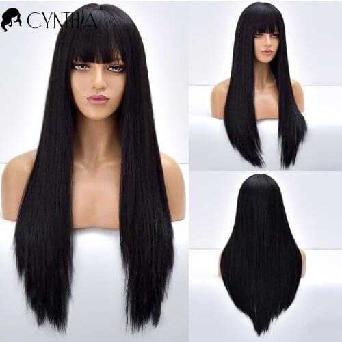 Dark Black Synthetic Wig With Bangs Long Straight For Black White Women Daily Heat Resistant Natural Fiber Hair Cosplay Wig