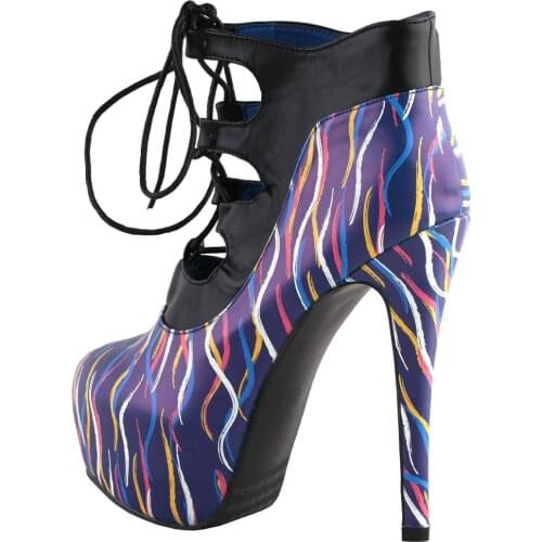 LF80886 SHOW STORY Retro Multicoloured Curve Print Lace-Up Platform Stiletto High Heels Ankle Boot Bootie