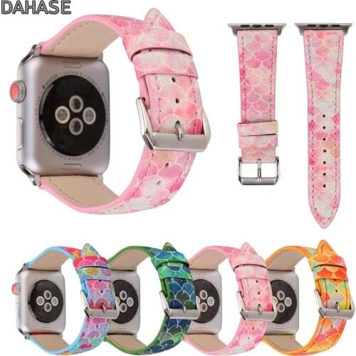 DAHASE Colorful Fish Skin Prints Genuine Leather Strap for Apple Watch Band Series 3 2 1 Bracelet for iWatch 38mm 42mm Belt