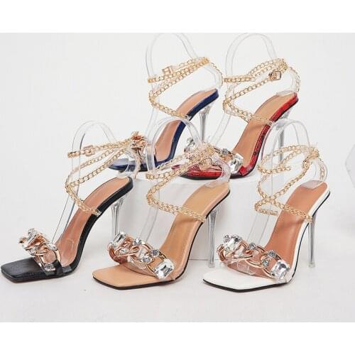 Elegant Big Crystal Red Decoration High Heels Sandals Women Fashion Chain Ankle Strap Rome Sandals 2022 Summer Party Shoes