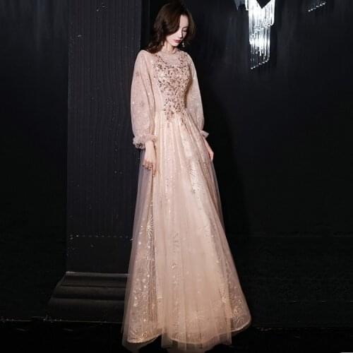 Mesh Pleated Evening Party Dress Gown Perspective Long Lantern Sleeve Cheongsam Sexy Champagne Qipao Sequins Vintage Vestidos
