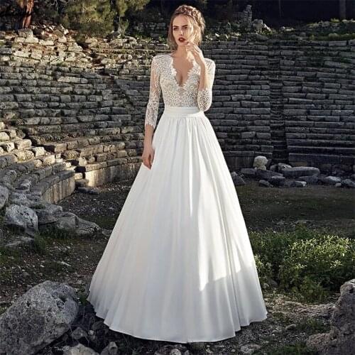 ChuYu Sexy Chiffon V Neck Three Quarter Sleeve Long A Line Bridal Wedding Gowns Button Back Bow 2021 Formal Occasion New Fashion