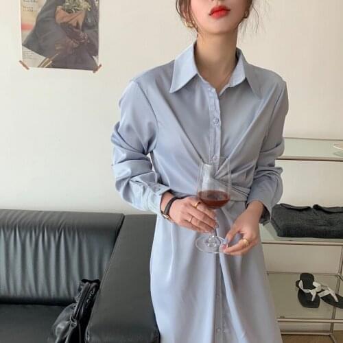 Spring Cross Light Blue Dress Single-breasted Split Long Dress Casual Vintage Party Dress Design Thin Elegant Long Sleeve Solid