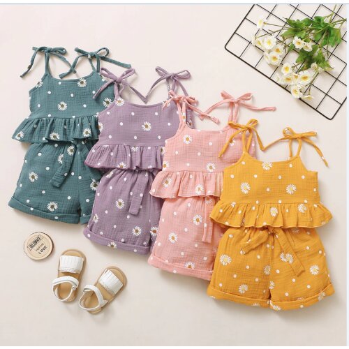 Citgeett Summer 2-6Years Toddler Girls Outfits Sleeveless Bow Tie Strap Daisy Print Tops+ Shorts Set Clothes
