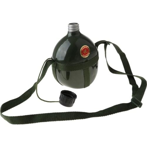 Outdoor Army Green Canteen Water Bottle Camping Retro Aluminum Container W/ Shoulder Strap