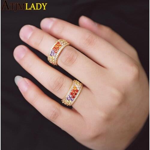 Top quality gold filled hot fashion rainbow trendy jewelry AAA+ colorful cubic zirconia simple geometric engagement rings