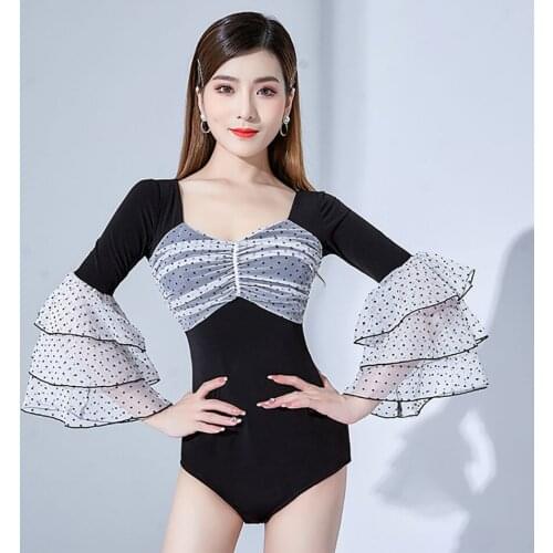 L21199 Latin Dance Bodysuit Women Lotus Sleeve Patchwork Latin Dance Tops for Modern Ballroom Dancing Performamnce
